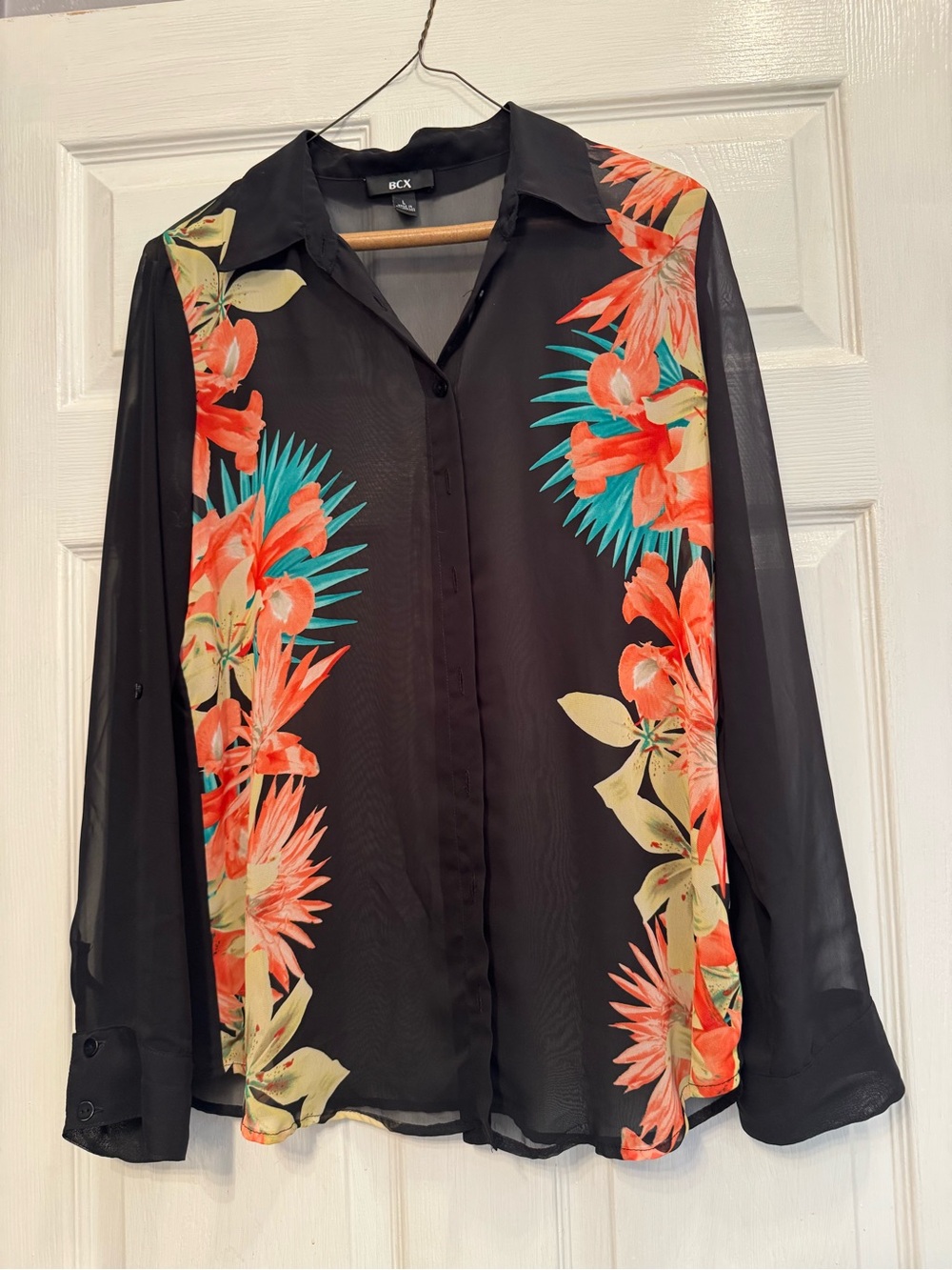 BCX Black Sheer Button-Down Top with Coral and Teal Floral Trim